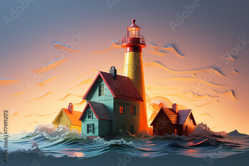 Stylized Sunset Seascape with Colorful Lighthouse and Houses Amidst Turbulent Waves.