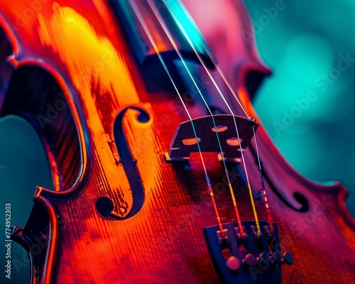 Violin closeup, vibrant colors dance on strings, high contrast , clean sharp focus photo