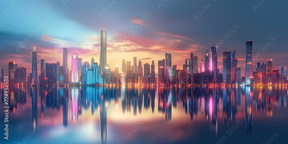 Futuristic city skyline at twilight