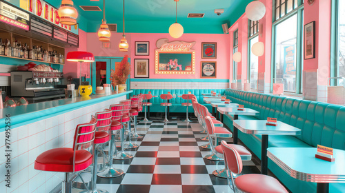 Retro american diner interior with vibrant decor