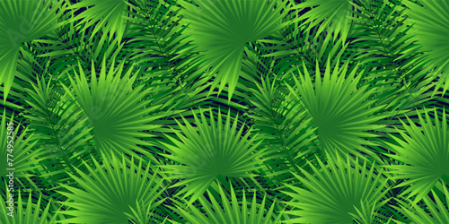 tropical rainforest seamless pattern. Amazon foliage repeated vector background with exotic tropic leaves, plants and grass. Summer, travelling vacation banner for textile, beauty and fashion cards