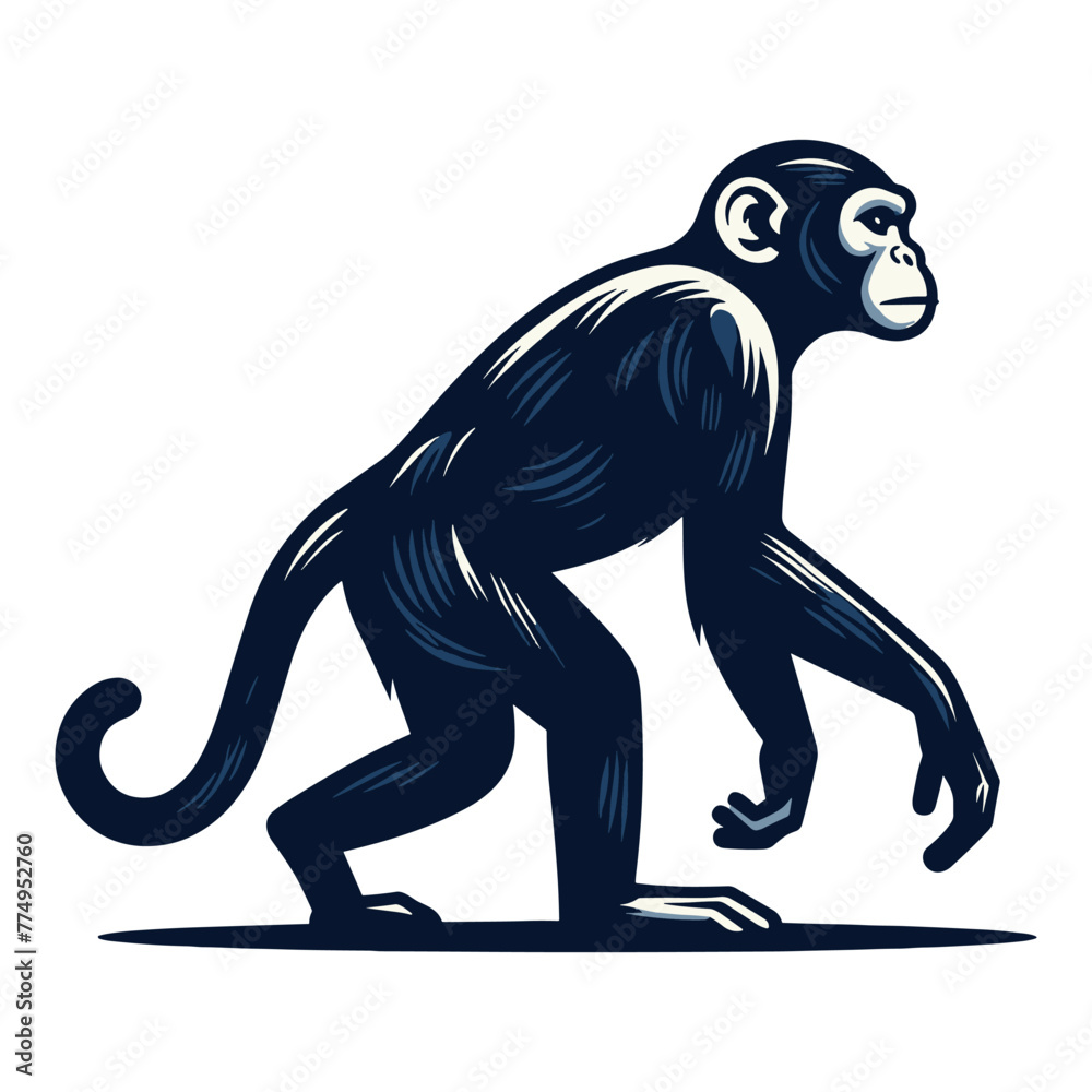 Fototapeta premium Monkey ape chimpanzee full body design illustration, standing monkey illustration concept, wild animal primate, vector template isolated on white background
