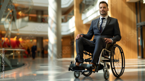 Man in a suit sitting in a wheelchair in a corporate environment, inclusion.