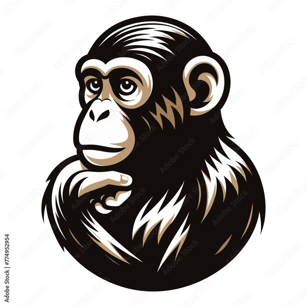 Fototapeta premium Monkey ape chimpanzee head face design illustration, monkey logo mascot illustration concept, wild animal primate, vector template isolated on white background