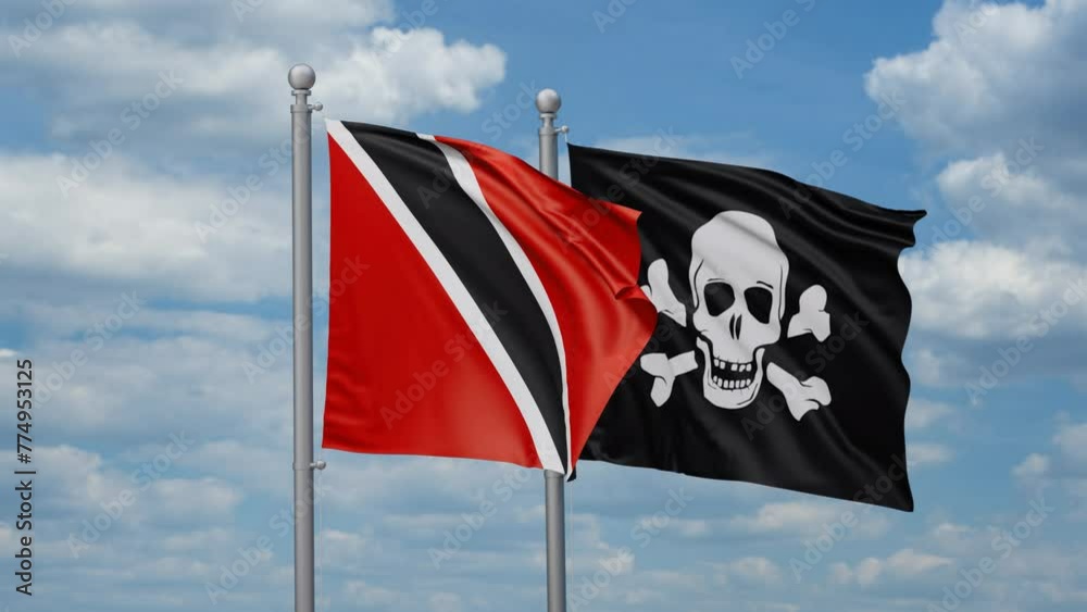 Trinidad and Tobago and Jolly Roger or pirate two flags waving together, looped video Trinidad and Tobago and Jolly Roger or pirate two flags waving together, looped video