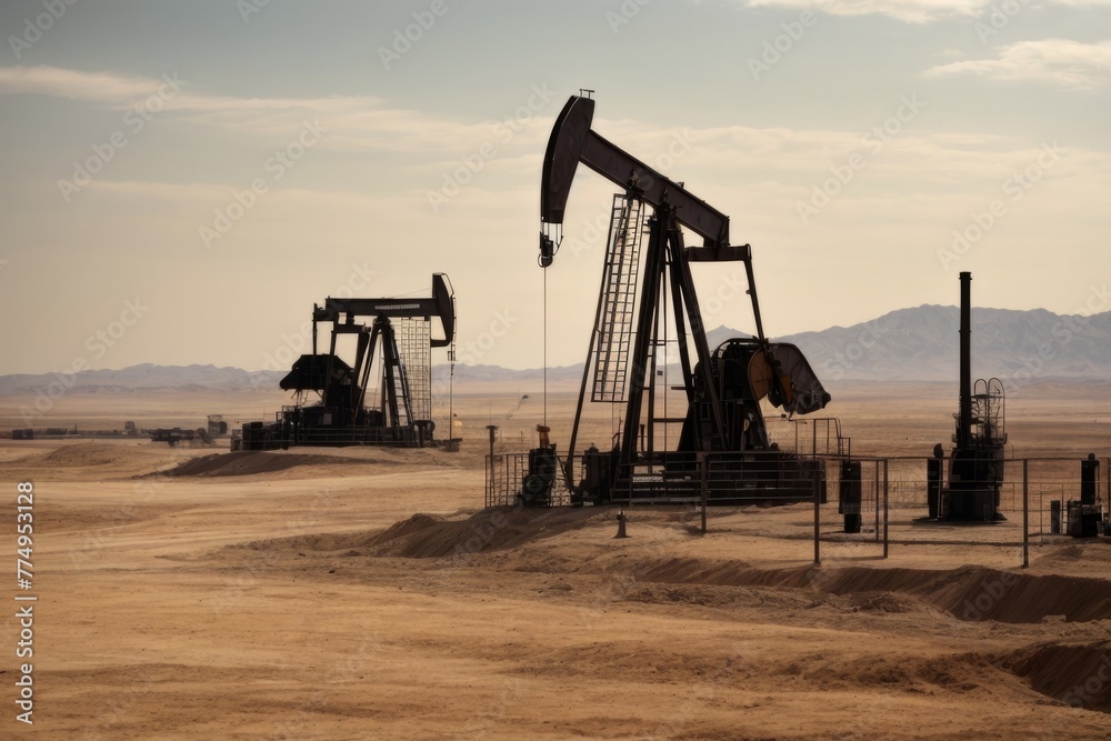 A desert landscape with two oil wells and a third one in the background A desert landscape with two oil wells and a third one in the background
