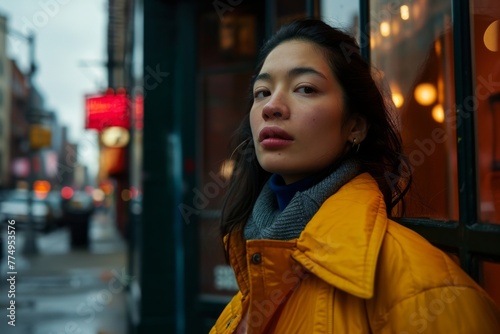 Portrait of a young beautiful Asian woman in a yellow coat on a city street