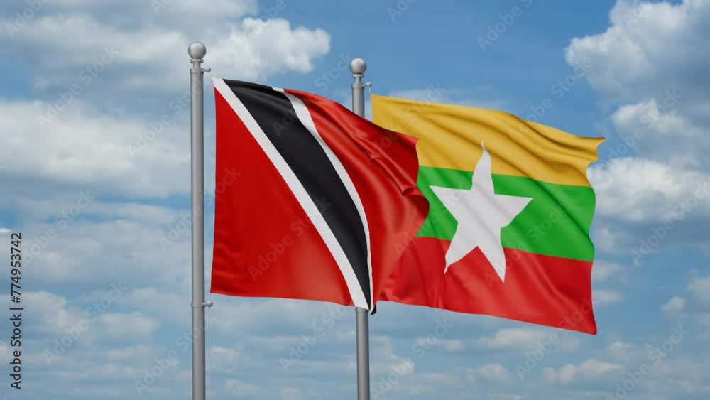 Myanmar aka Burma and Trinidad and Tobago two flags waving together, looped video, two country relations concept Myanmar aka Burma and Trinidad and Tobago two flags waving together, looped video, two country relations concept