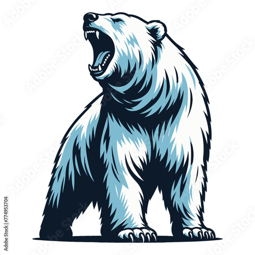 Wild roaring polar bear full body vector illustration, arctic north pole animal icon, zoology element illustration, design template isolated on white background