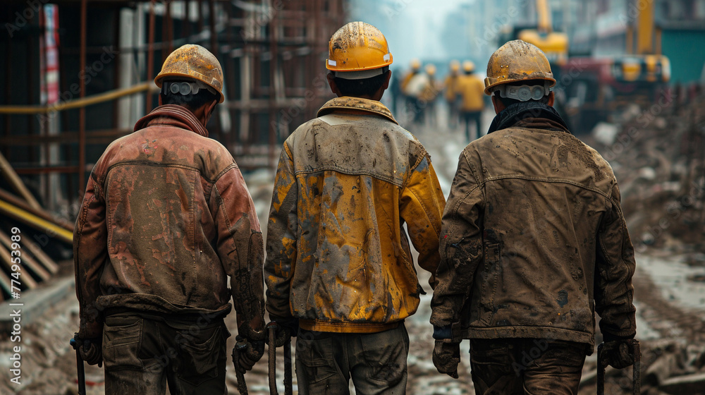 Workers in hardhats and helmets on a construction site. AI. Workers in hardhats and helmets on a construction site. AI.