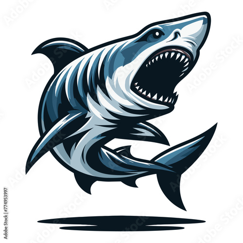 Angry wild great white shark design illustration, marine predator animal element illustration, swimming toothy shark vector template isolated on white background