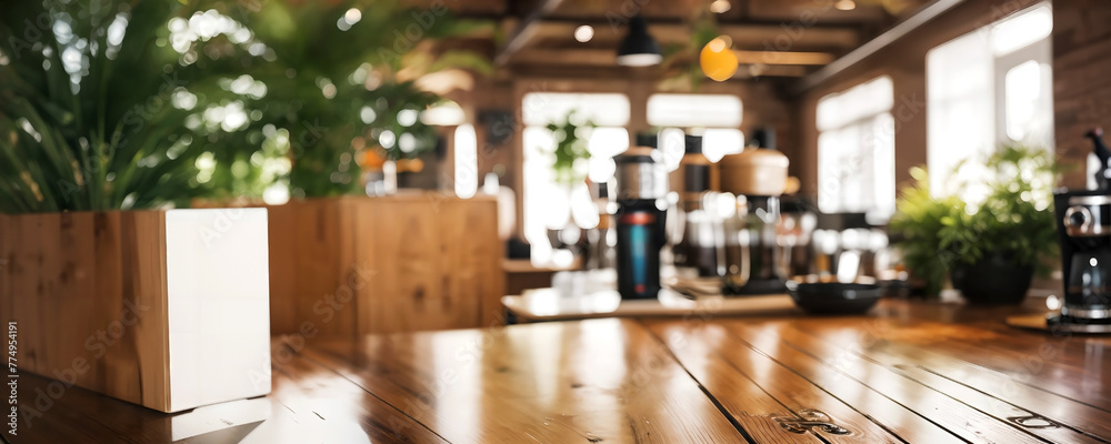 View on wooden table and coffee shop in blurred background View on wooden table and coffee shop in blurred background