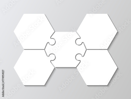 Business presentation puzzle infographic with 5 pieces. Business presentation info graphic. Jigsaw hexagon for infographics, parts of process diagram. Puzzle grid. Vector