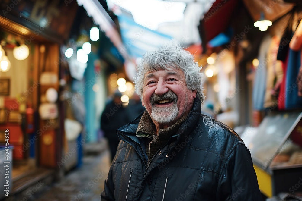 Portrait of an elderly man with gray hair and beard on the background of the Christmas market.