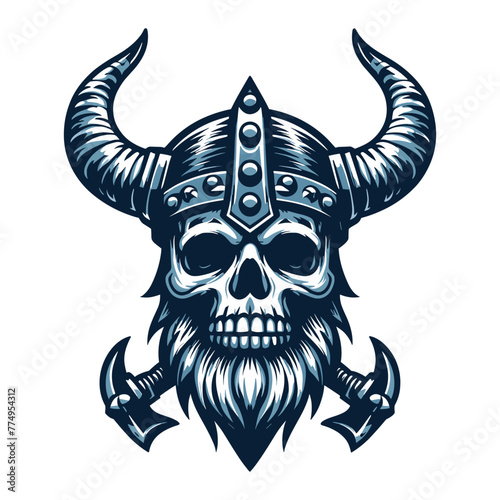 Viking head skull in helmet with horn vector illustration, Nordic Scandinavian warrior, suitable for t-shirt, logo design, tattoo. Design template isolated on white background