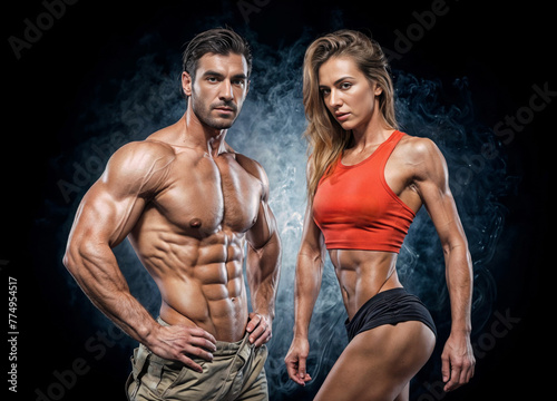Portrait of a fitness man and woman on a dark background created with Generative AI technology © Edi