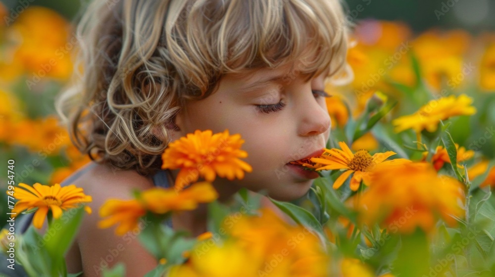 Little girl in park sniffs flower tulip Little girl in park sniffs flower tulip