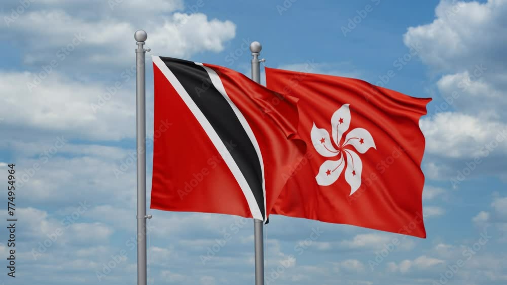Hong Kong and Trinidad and Tobago two flags waving together, looped video, two country relations concept Hong Kong and Trinidad and Tobago two flags waving together, looped video, two country relations concept