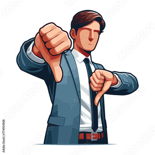 Man showing thumbs down design illustration, unhappy male gesturing dislike, disapproval sign, negative expression, disagreement. vector template isolated on white background