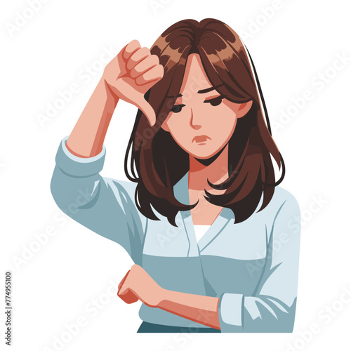 Woman showing thumbs down design illustration, unhappy girl gesturing dislike, disapproval sign, negative expression, disagreement. vector template isolated on white background