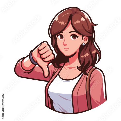 Woman showing thumbs down design illustration, unhappy girl gesturing dislike, disapproval sign, negative expression, disagreement. vector template isolated on white background