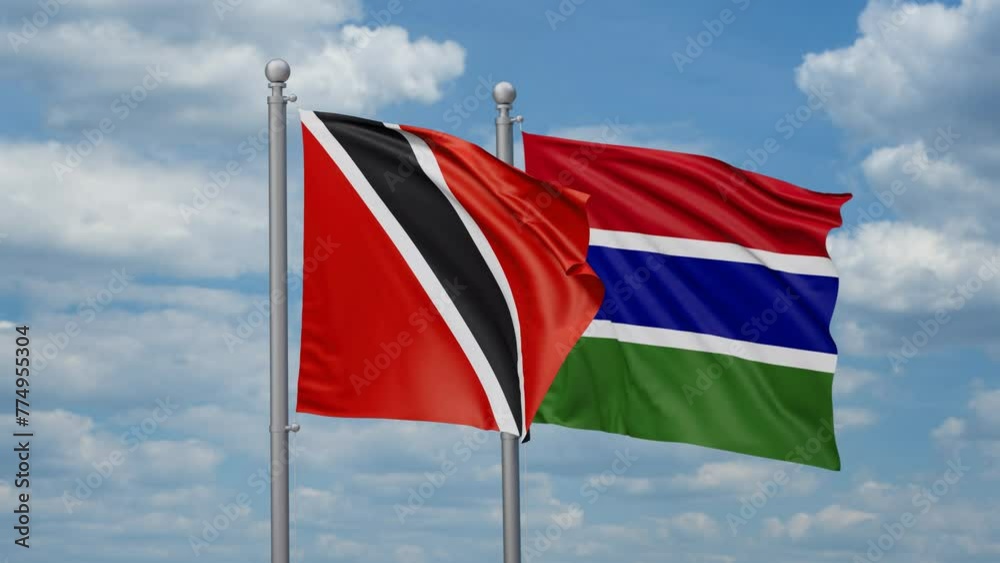 Gambia and Trinidad and Tobago two flags waving together, looped video, two country relations concept