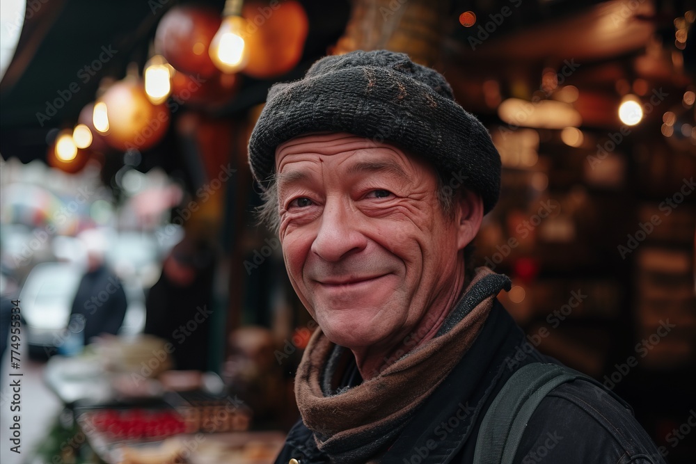 Portrait of a smiling senior man at Christmas market in Paris, France