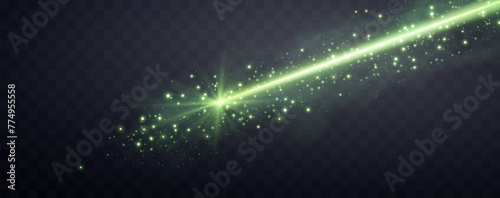Green horizontal laser beam. Neon line, presentation pointer. Green glow flare light effect. Vector illustration. Isolated on dark transparent background.