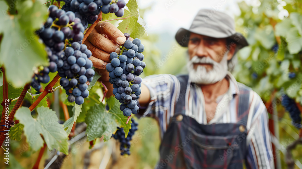 Obraz premium An elderly gray-haired man harvests blue grapes at a grape plantation