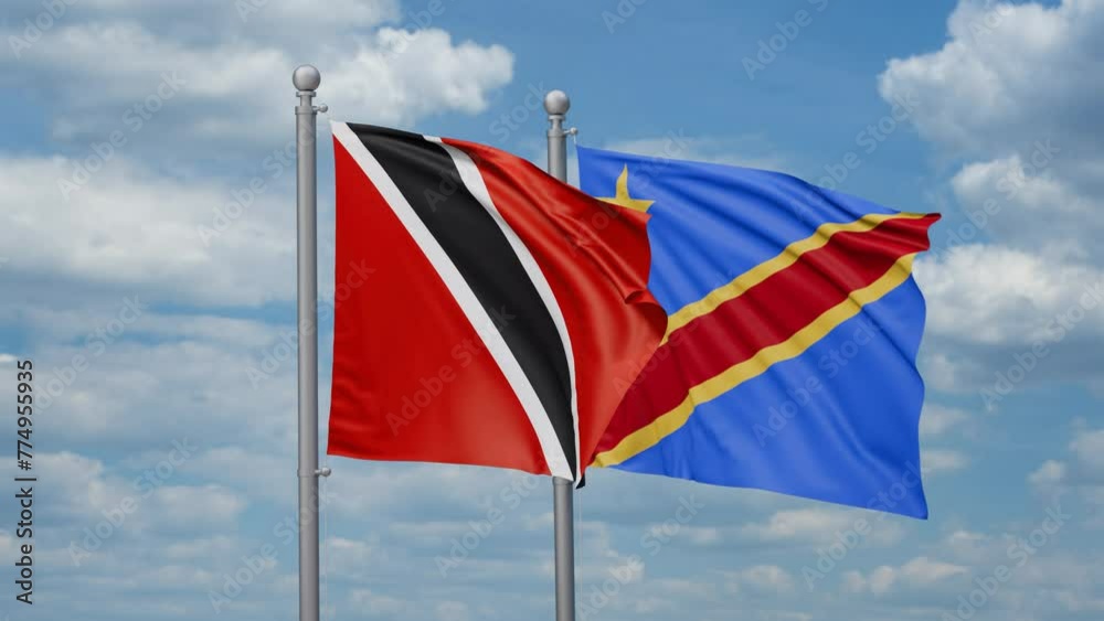 Democratic Republic of the Congo and Trinidad and Tobago two flags waving together, looped video, two country relations concept
