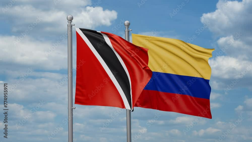 Colombia and Trinidad and Tobago two flags waving together, looped video, two country cooperation concept