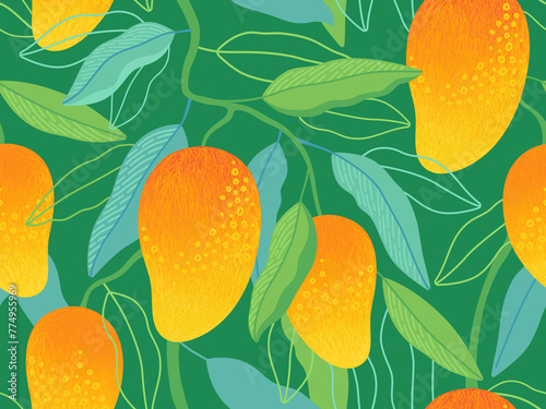 Bright tropical seamless pattern. Mango. Tropical exotic fruits and leaves on a green background. Design for fabric, paper, print. 