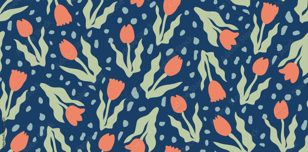 Modern seamless pattern with tulips and leaves on blue background. Aesthetic contemporary groovy florals background for prints.