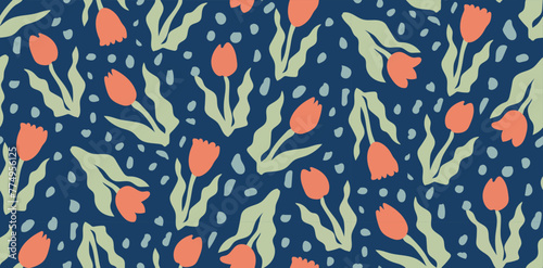Modern seamless pattern with tulips and leaves on blue background. Aesthetic contemporary groovy florals background for prints.