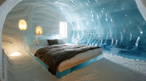 A luxury suite within an ice hotel, featuring carved ice furniture, thermal bedding, and an adjacent warm