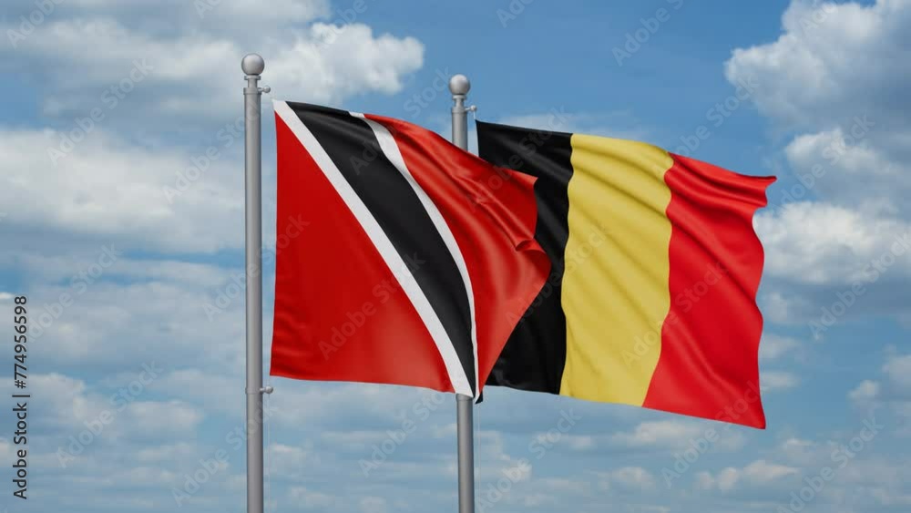 Belgium and Trinidad and Tobago two flags waving together, looped video, two country relations concept Belgium and Trinidad and Tobago two flags waving together, looped video, two country relations concept