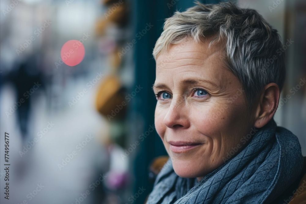 Portrait of senior woman with grey hair and scarf in the city Portrait of senior woman with grey hair and scarf in the city