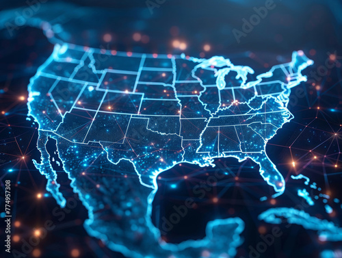 Mappa digitale degli Stati Uniti, concetto di rete globale e connettività del Nord America, trasferimento di dati e tecnologia informatica, scambio di informazioni e telecomunicazioni. 