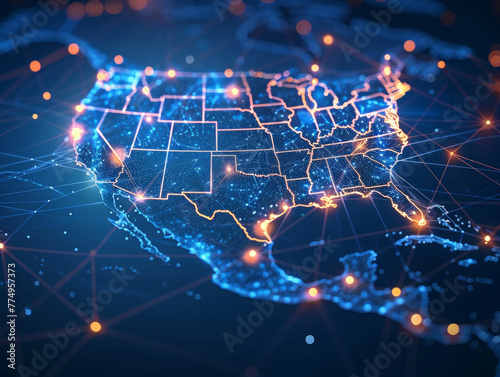 Mappa digitale degli Stati Uniti, concetto di rete globale e connettività del Nord America, trasferimento di dati e tecnologia informatica, scambio di informazioni e telecomunicazioni.  photo