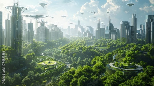 A 3D illustration of a city park managed by robotic maintenance crews