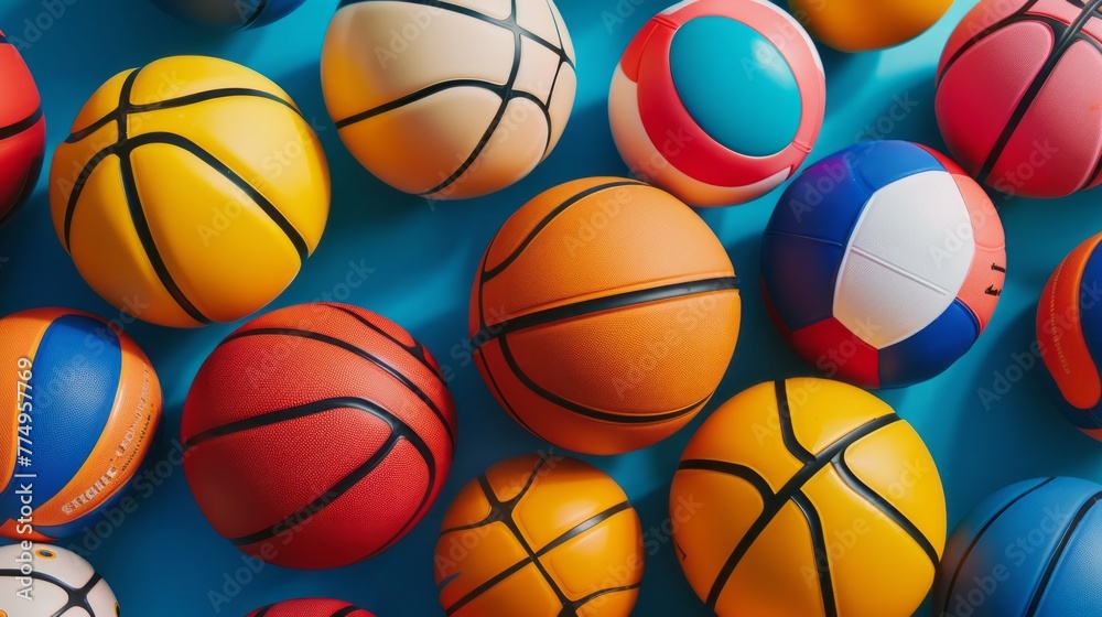 multi-colored basketball football and volleyballs