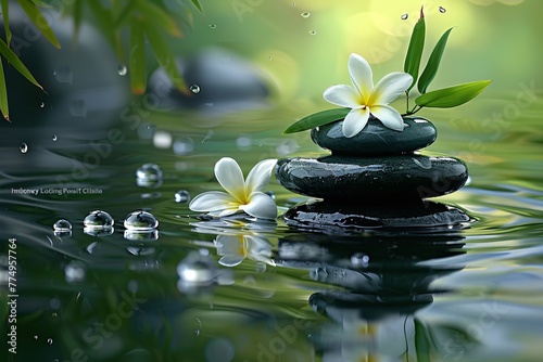 a stack of black stones with white flowers on top and green leaves in water