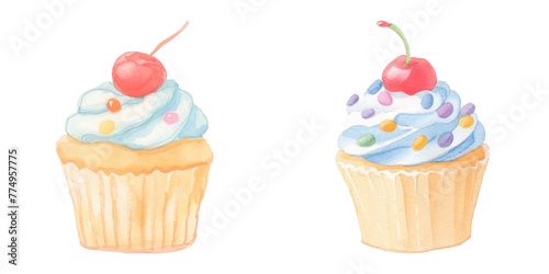 cupcake topped cherry watercolor vector illustration
