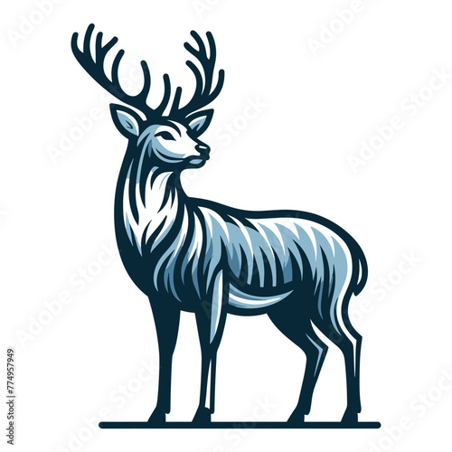 Deer full body design illustration, standing reindeer with antlers illustration, wild mammal animal concept. Vector template isolated on white background