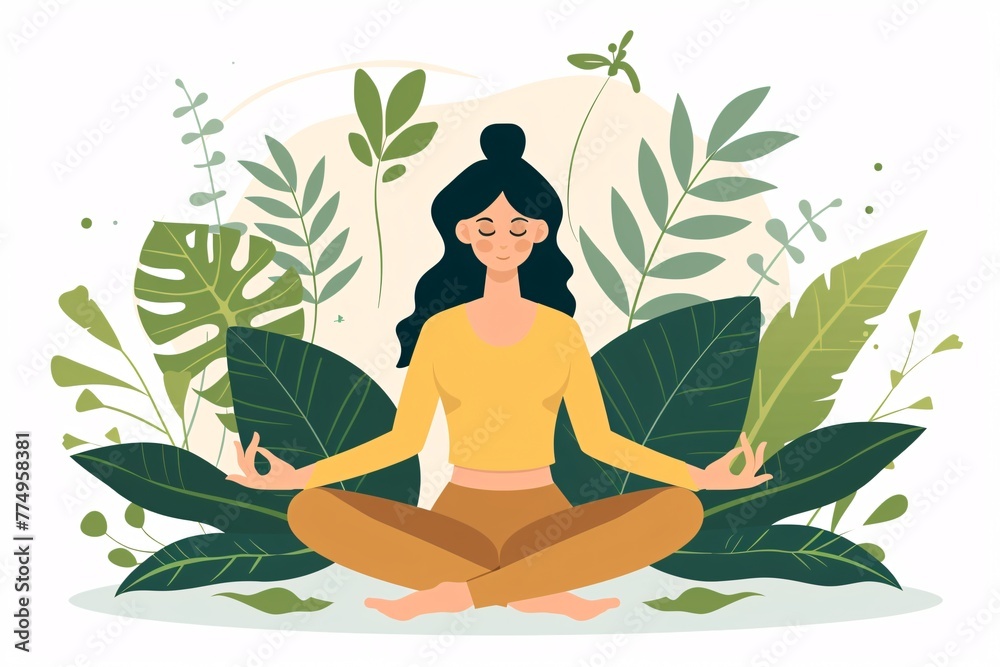 a woman sitting in a lotus position with leaves