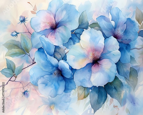 Ethereal blossoms in serene watercolor, bright and soft pastels, relaxing and dreamlike ambiance