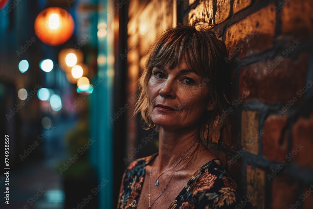 Portrait of a beautiful middle-aged woman on the background of a brick wall Portrait of a beautiful middle-aged woman on the background of a brick wall