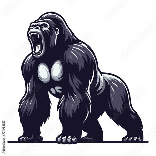 Wild angry gorilla full body vector illustration, primate animal zoology element illustration, roaring strong big ape concept, design template isolated on white background