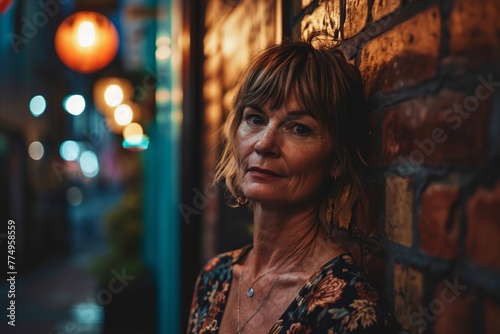Portrait of a beautiful middle-aged woman on the background of a brick wall