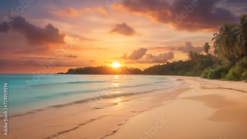 Sunset on sand beach, perfect vacation on tropical island, summer holiday travel landscape photo